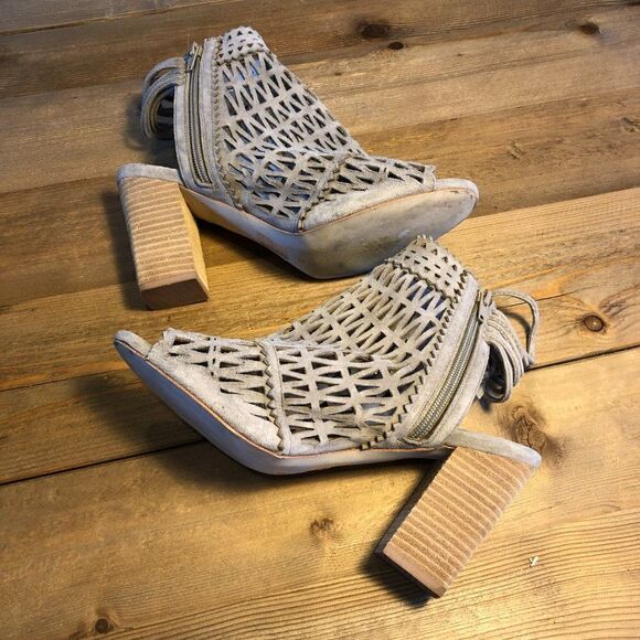 Jeffrey Campbell Ottawa Taupe Suede Leather Block Heel Peep Toe Bootie Size 10 - Picture 1 of 16